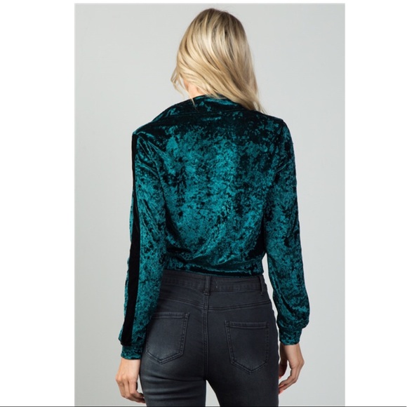 Green Velvet Zip Up Bomber Jacket - Picture 2 of 7